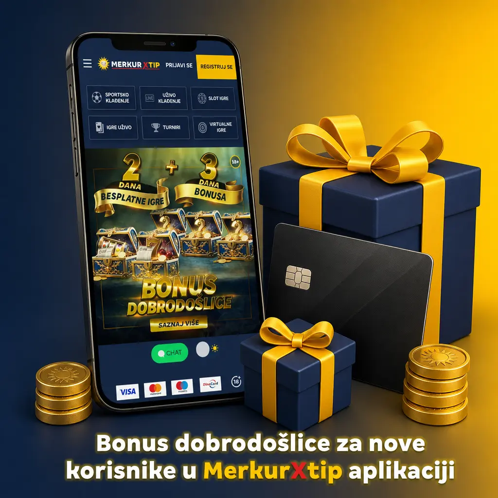 Bonus dobrodošlice u MerkurXtip aplikaciji: sport bonus do 20.000 RSD ili kazino bonus do 50.000 RSD i spinovi.
