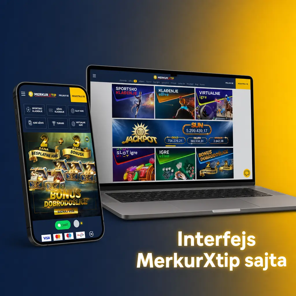 Interfejs MerkurXtip sajta sa navigacijom za sportsko klađenje, kazino, live kazino i esports opcije