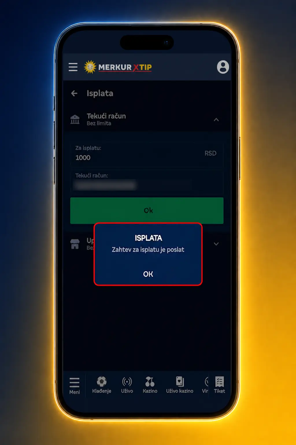 Isplata sredstava preko MerkurXtip aplikacije – prikaz koraka za povlačenje novca u sekciji novčanika