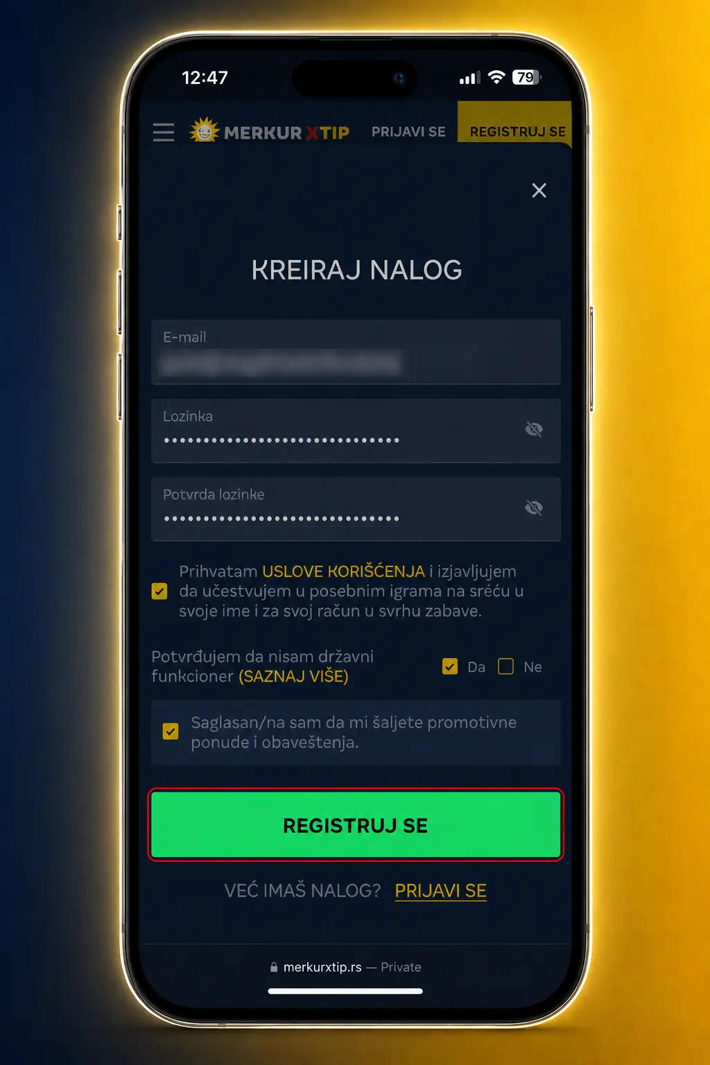 Koraci za registraciju i pokretanje live kazino igre na MerkurXtip platformi